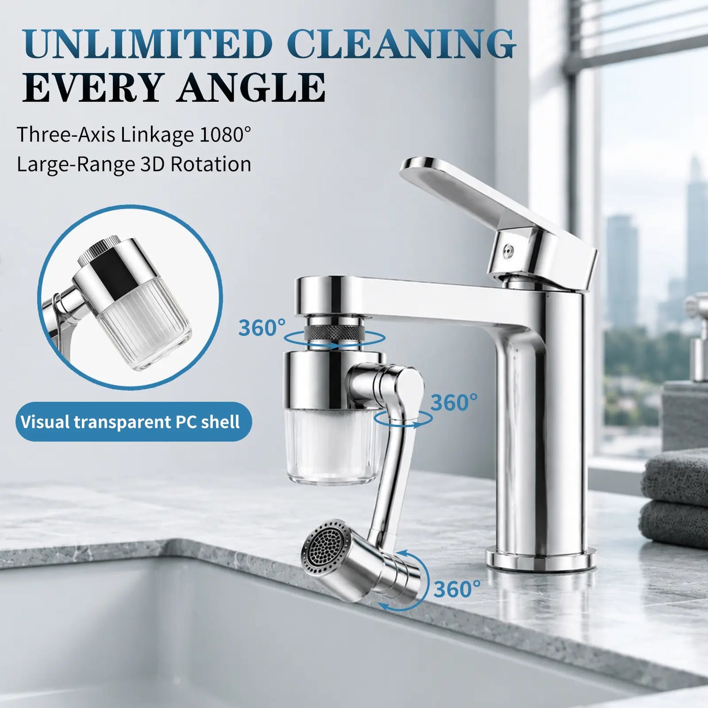 SOPAMI 3D Filter Faucet Set - Multi-Angle Swivel Faucet Aerator with 3 Included Filter Cartridges, Anti-Splash Soft Aeration, Transparent Visible Filter Housing, Compatible with Kitchen, Bathroom & Laundry Faucets