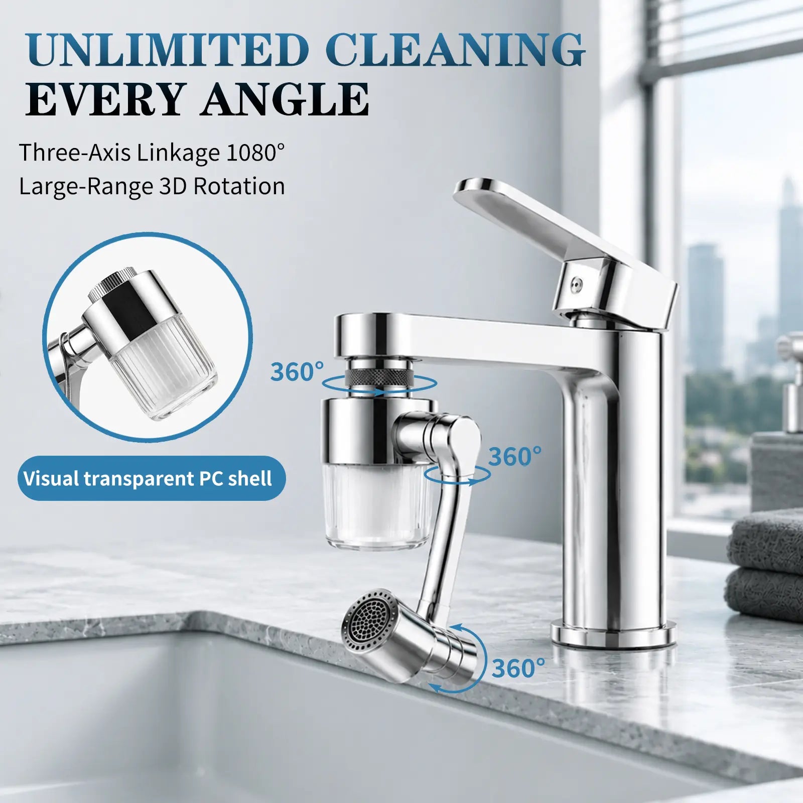 SOPAMI 3D Filter Faucet Set - Multi-Angle Swivel Faucet Aerator with 3 Included Filter Cartridges, Anti-Splash Soft Aeration, Transparent Visible Filter Housing, Compatible with Kitchen, Bathroom & Laundry Faucets