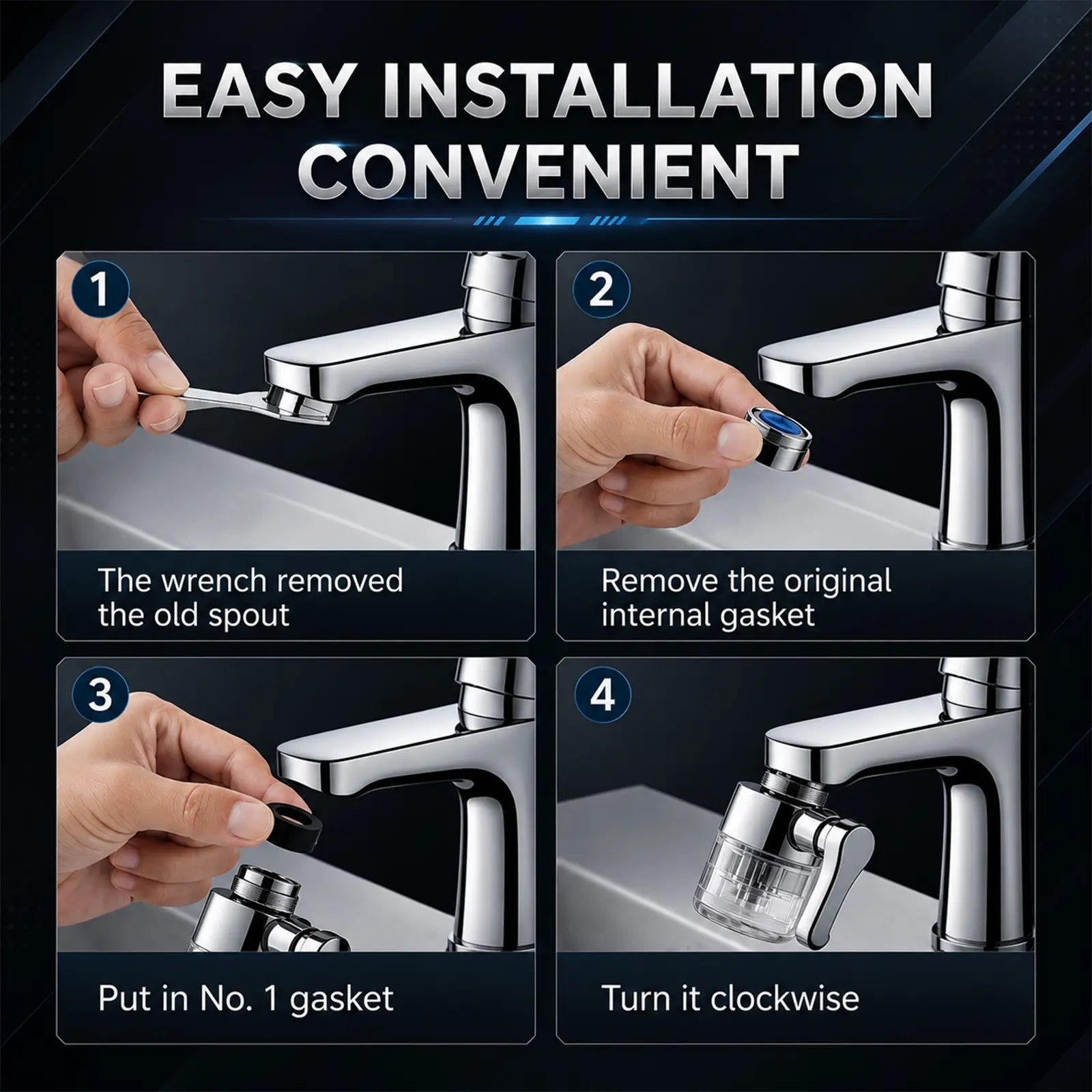 SOPAMI 3D Filter Faucet Set - Multi-Angle Swivel Faucet Aerator with 3 Included Filter Cartridges, Anti-Splash Soft Aeration, Transparent Visible Filter Housing, Compatible with Kitchen, Bathroom & Laundry Faucets