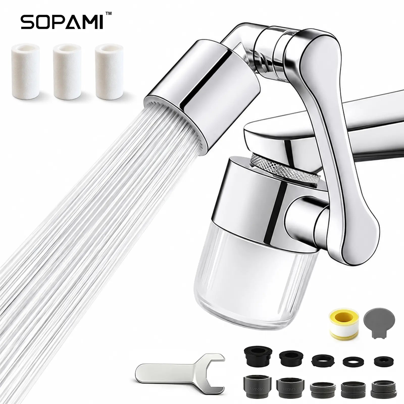 SOPAMI 3D Filter Faucet Set - Multi-Angle Swivel Faucet Aerator with 3 Included Filter Cartridges, Anti-Splash Soft Aeration, Transparent Visible Filter Housing, Compatible with Kitchen, Bathroom & Laundry Faucets